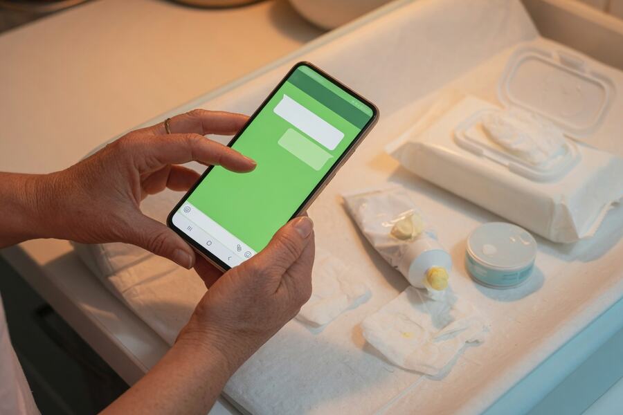 Mãos de uma adulta com o celular aberto no WhatsApp ao lado do trocador